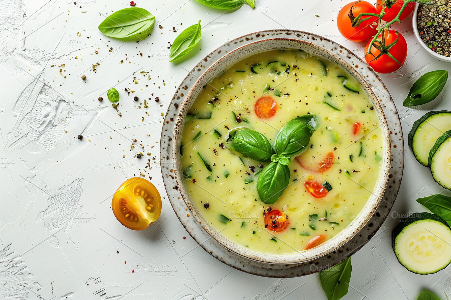 Zucchini cream soup puree in bowl on white background, a Food & Drink Photo by AlyaAnd