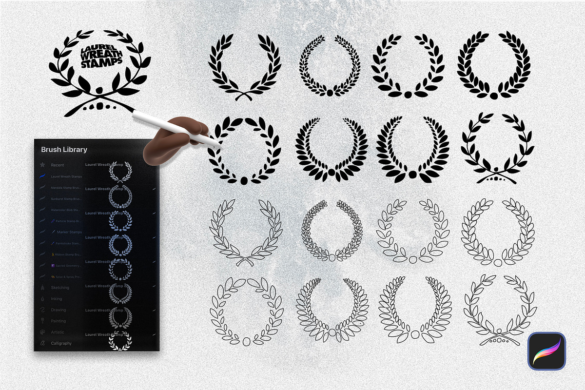 Laurel Wreath Procreate Stamp Brushe, a Brush Add-On by Layerform Design Co. (Photo 2 of 4)