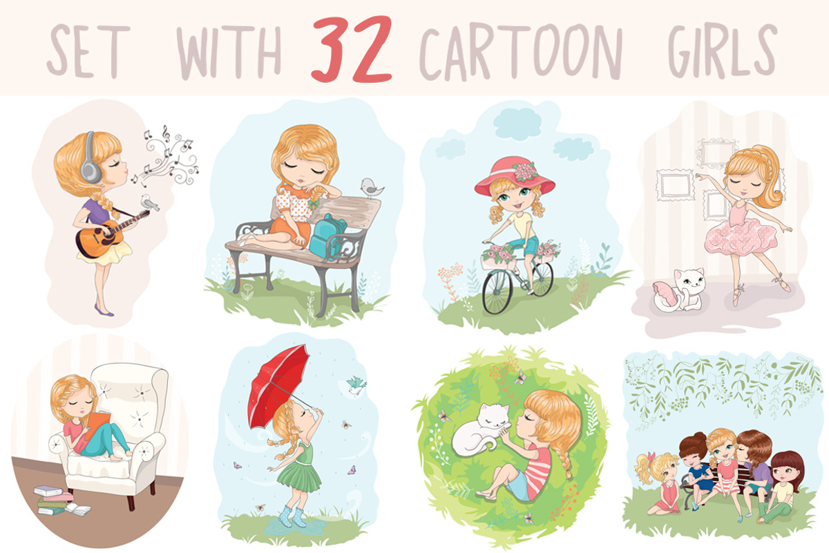 set with 32 cartoon girls-cute girls, an Animal Illustration by StudioLondon (Photo 1 of 33)