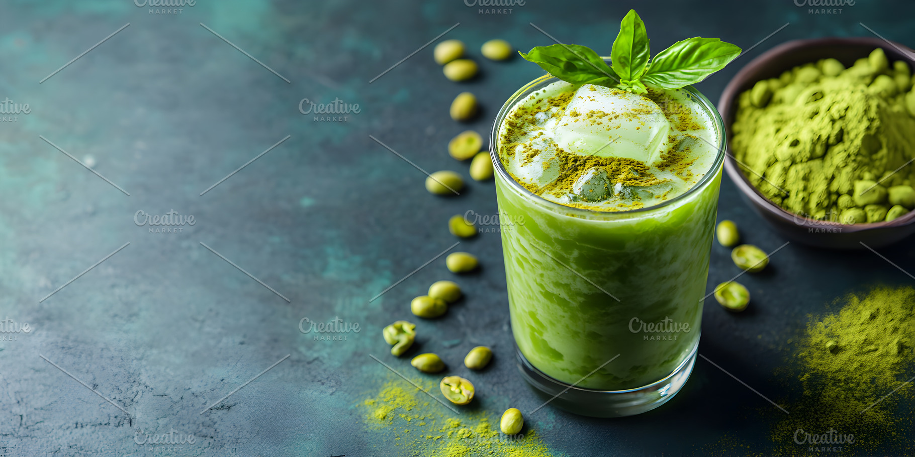 Iced matcha latte with soybeans and powder, a Food & Drink Photo by Photostock