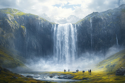 Majestic waterfall cascading down a, a Background Photo by Pixeness