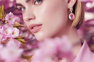 Young woman wearing pink gemstone jewelry among vibrant cherry b, a Photo by Studio ANNA