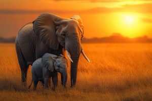 Elephant mother and calf in golden l, an Animal Photo by Pixeness Studio