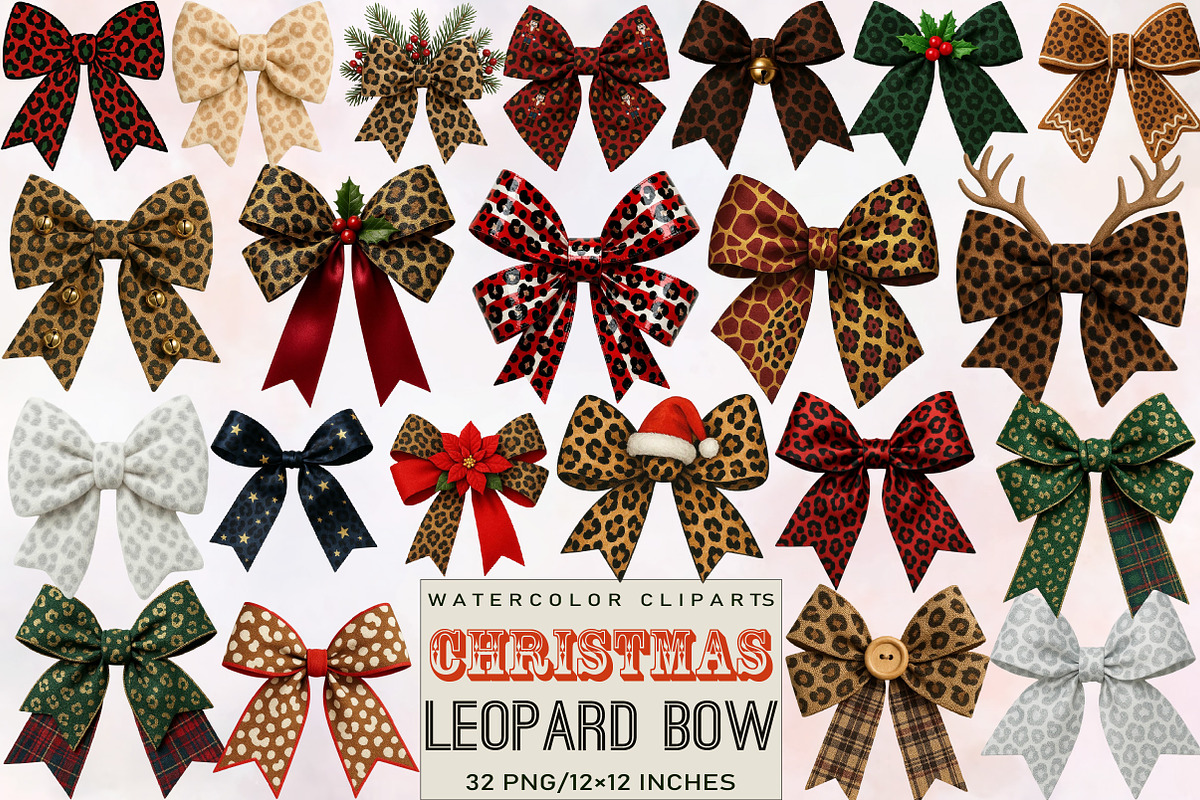 Christmas Leopard Bow Clipart Bundle, an Illustration by SVGArt (Photo 1 of 8)