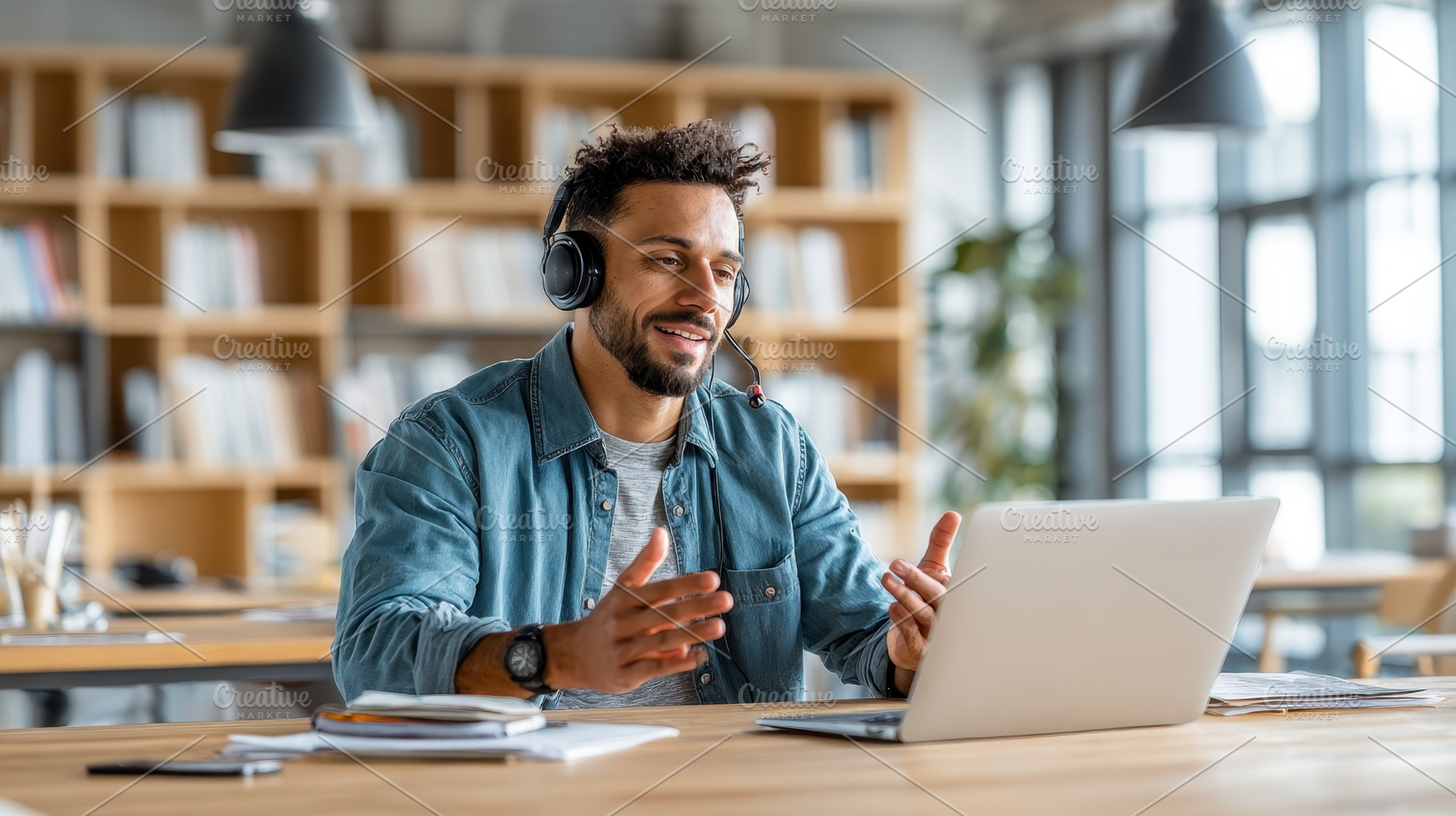 Man on video call in modern office w, a Photo by Pixeness Studio