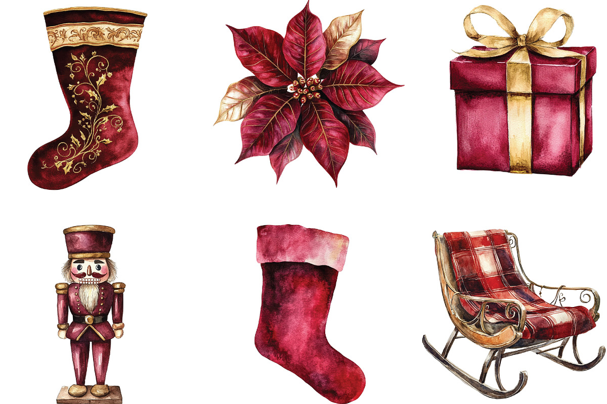 Elegant Burgundy Christmas Clipart, an Illustration by CraftArtStudio (Photo 3 of 6)