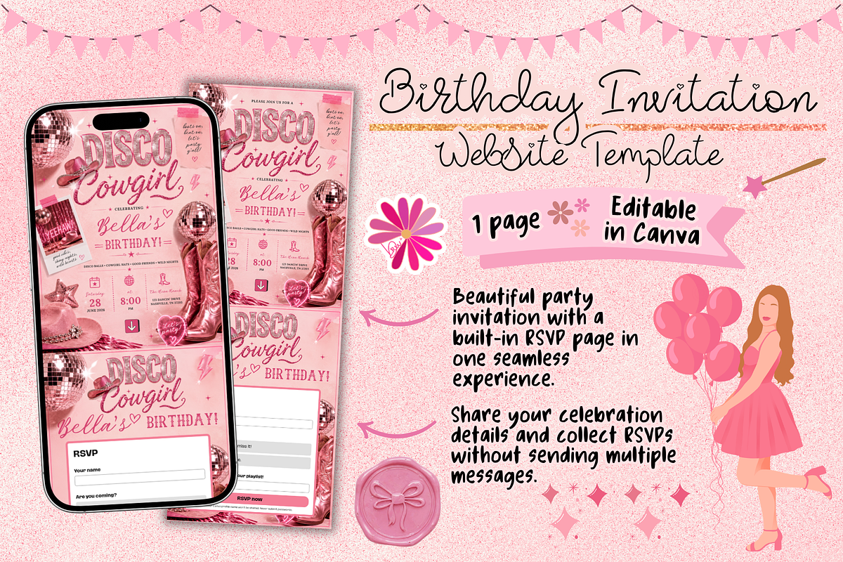 Disco Cowgirl Birthday RSVP Website, a Social Media Template by bellaROSEworkshop (Photo 1 of 5)