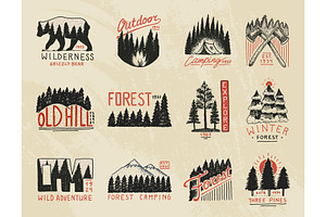 Camp Logo, Mountains Coniferous Forest Badges. Engraved Hand Drawn In Old Vintage Sketch. Outdoor Adventure Landscapes With Pine Trees And Hills. Embl