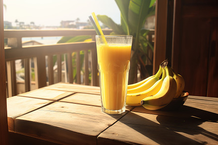 Banana smoothie fruit with bananas on wooden table, a Food & Drink Photo by AlyaAnd