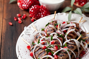 Grilled minced meat skewers kebabs containing background, barbecue, and beef