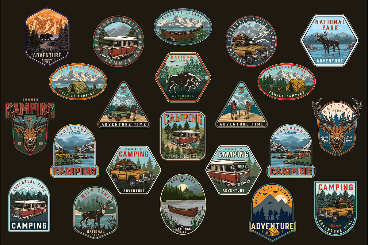 64 Retro Camping badges, a Branding & Logo Template by DGIM studio (Photo 2 of 7)