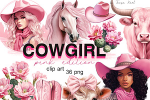 Western Pink Cowgirls Clipart Bundle