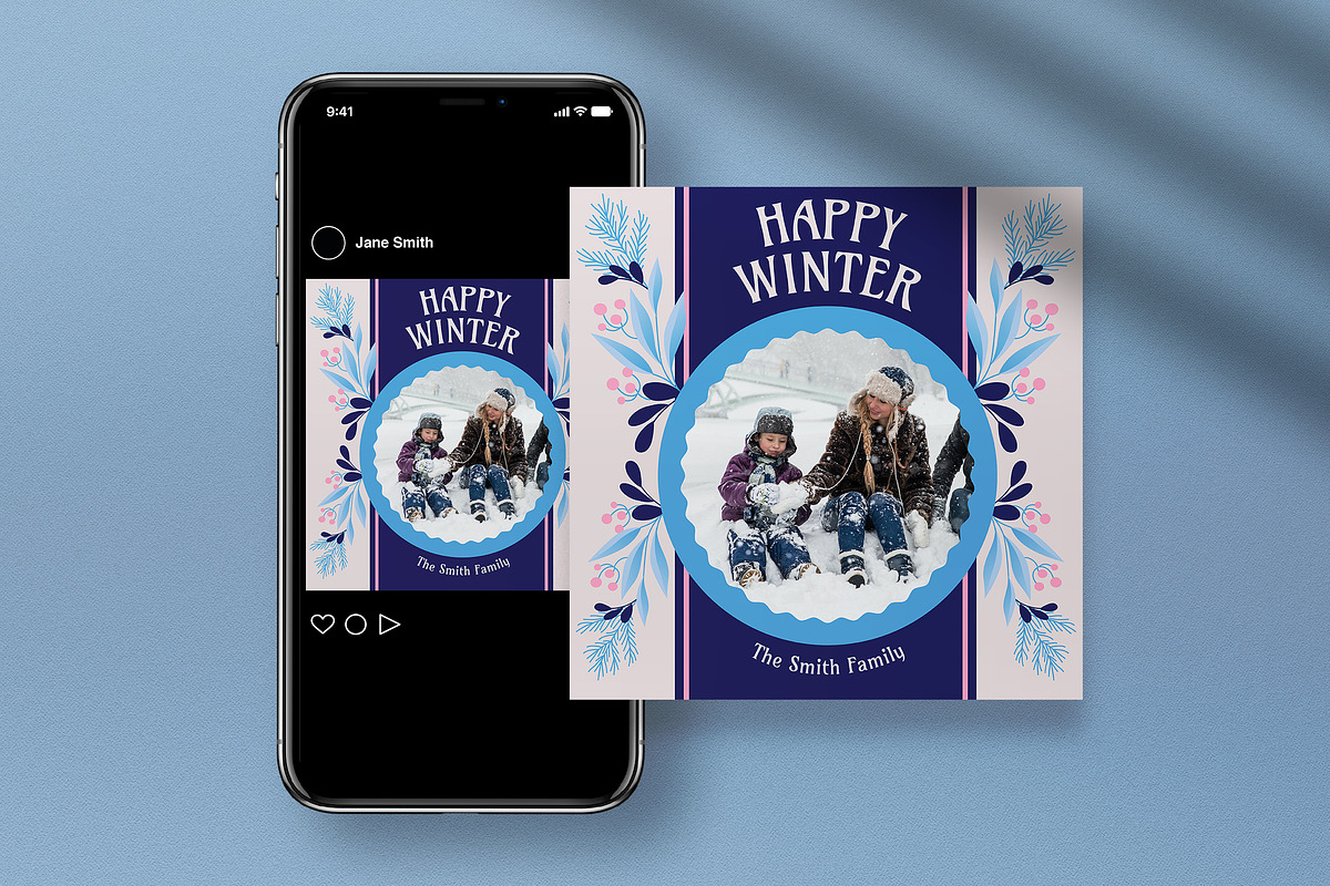 Blue Floral Winter Greeting Card, a Card Template by graphicook (Photo 4 of 4)