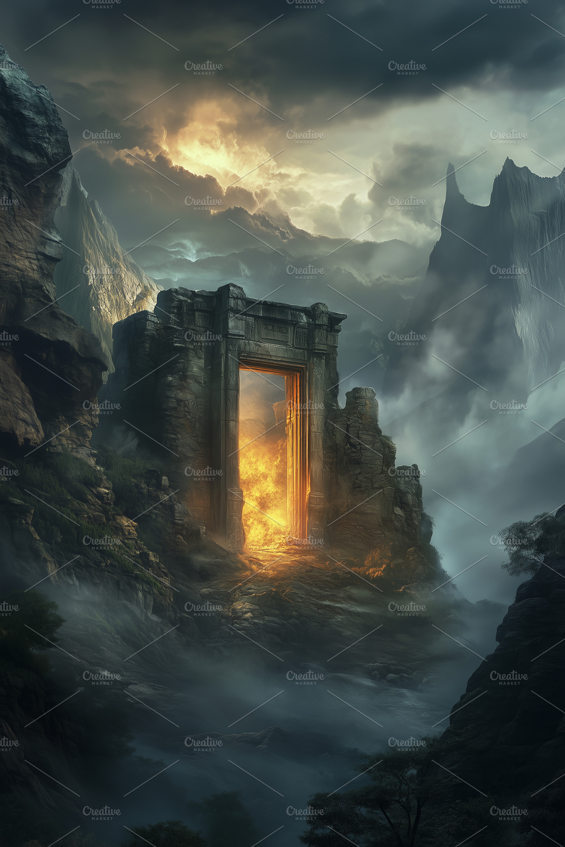 Fantasy ancient ruins with glowing, a Nature Photo by MistyDay