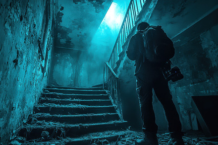 Backpacker explores abandoned buildi, a Background Photo by Pixeness