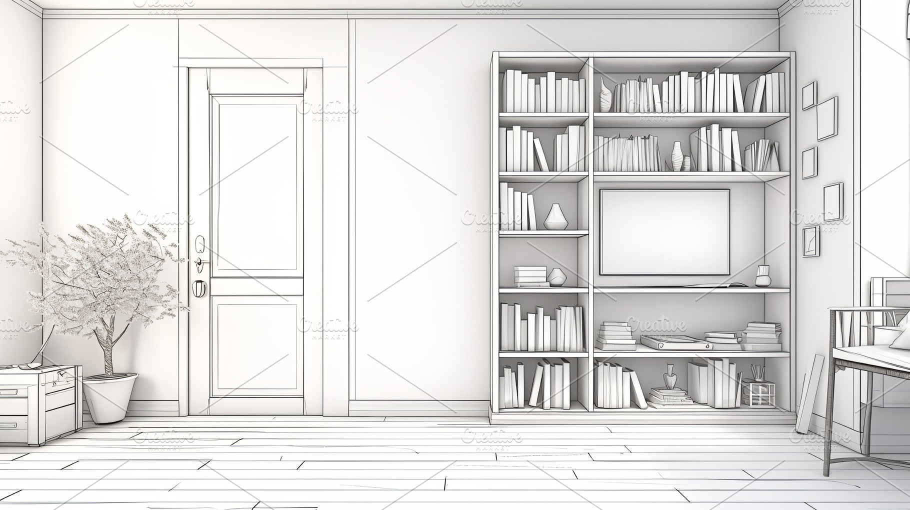 Minimalist interior design with bookshelf, door, and wooden floor, a Photo by AS photostudio