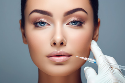 Face skincare, forehead injection and woman in studio isolated o, a Beauty & Fashion Photo by designvectx