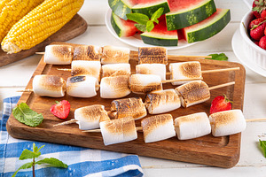 Summer fruit and berry picnic food with marshmallow skewers., a Food & Drink Photo by Rimma