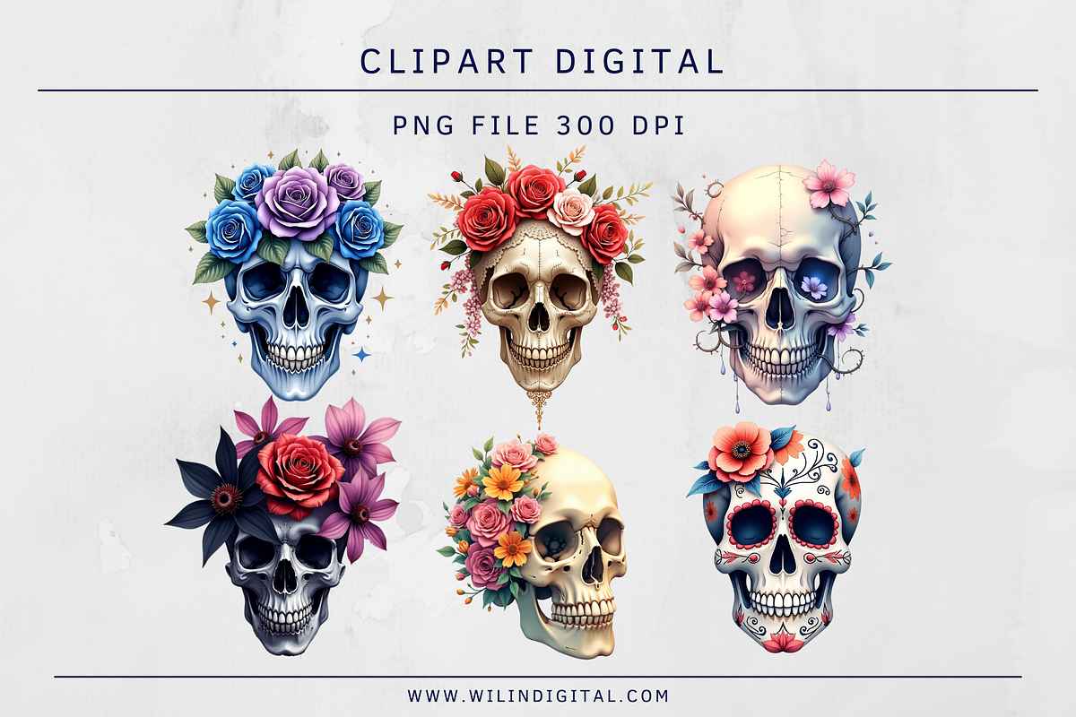 21 Floral Skull Cliparts Digital, a Graphic by Wilin Digital (Photo 2 of 2)