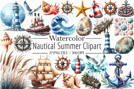 Watercolor Nautical Summer Clipart