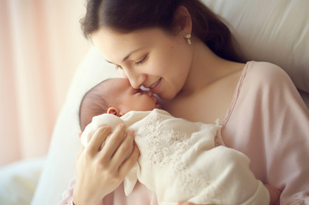 Mother with newborn baby on bed at home, closeup. Motherhood con, a Person Photo by AS photostudio