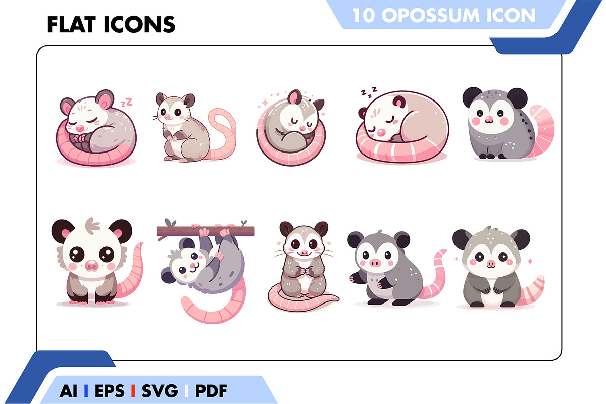 Cute Opossum Cartoon Vector Bundle, a Solid Icon by Fontmine Studio (Photo 2 of 2)