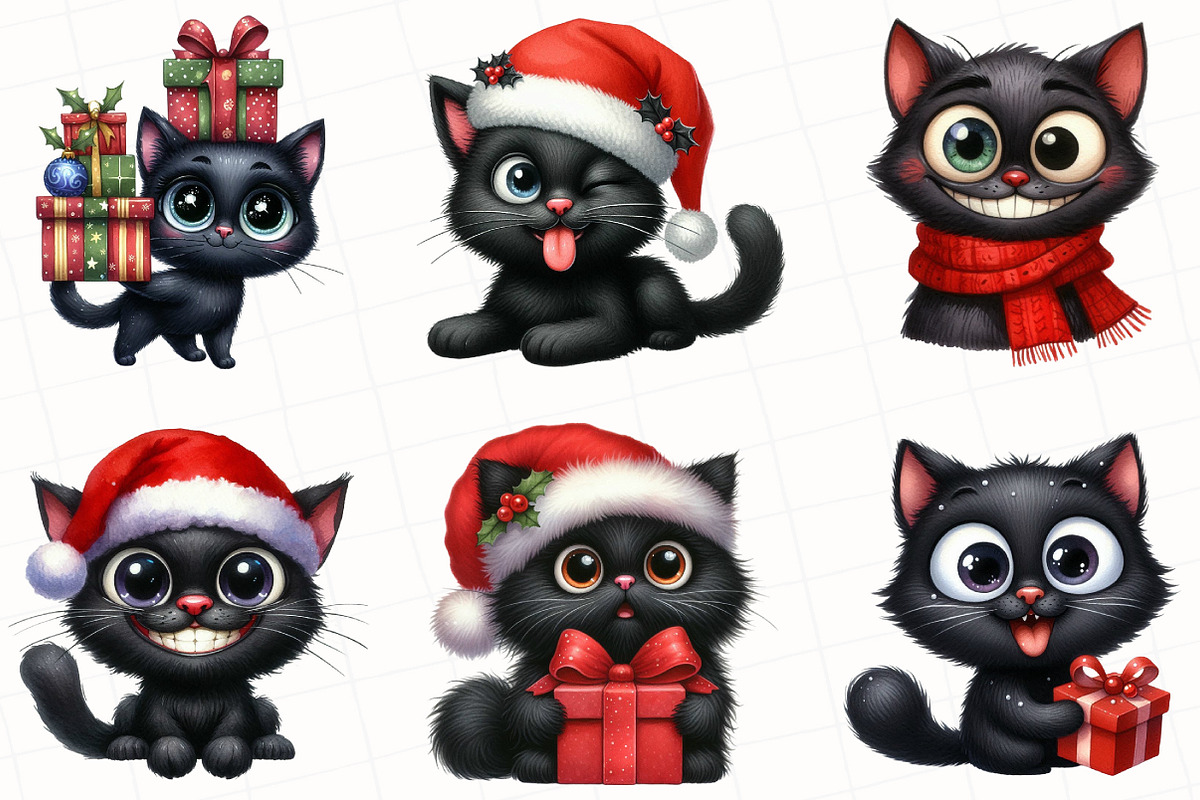 Christmas Funny Black Cat Clipart, an Illustration by OK Design (Photo 3 of 5)