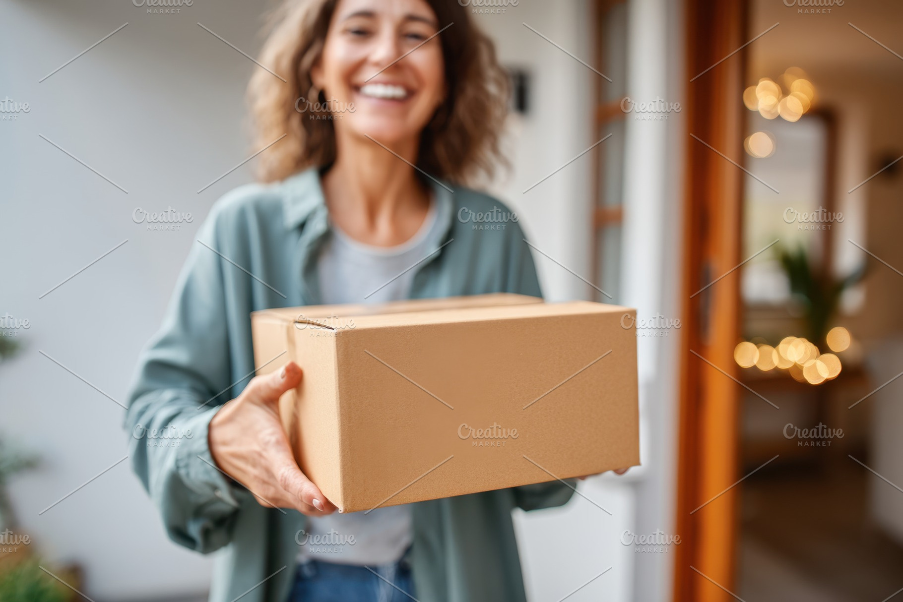 Smiling woman with delivery box at home entrance, an Industrial Photo by AlyaAnd