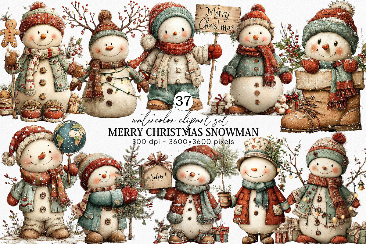 Merry Christmas Snowman Clipart, an Illustration by Canvas Craft (Photo 1 of 6)