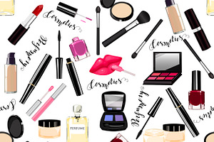 Makeup, perfume, cosmetics seamless pattern.