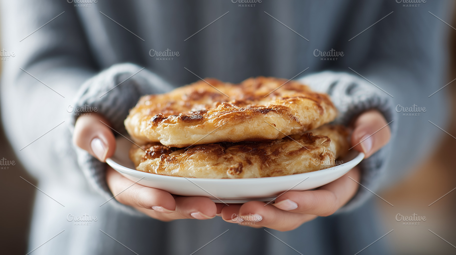 Woman holding plate of freshly baked, a Food & Drink Photo by MistyDay