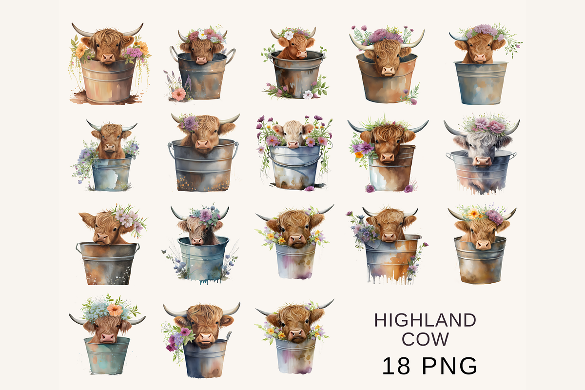 Watercolor Highland Cow With Sunflow, an Animal Illustration by TimCanvaTemplate (Photo 2 of 4)