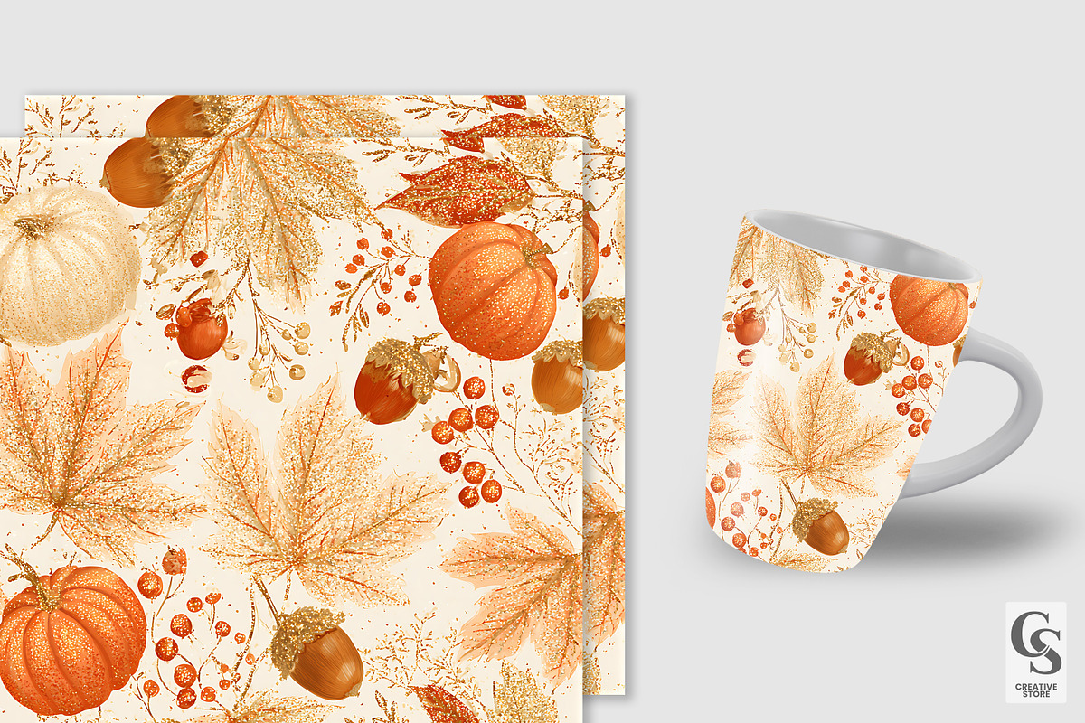 Fall Glitter Leaves & Pumpkins Paper, a Pattern Graphic by Creative Store (Photo 3 of 5)