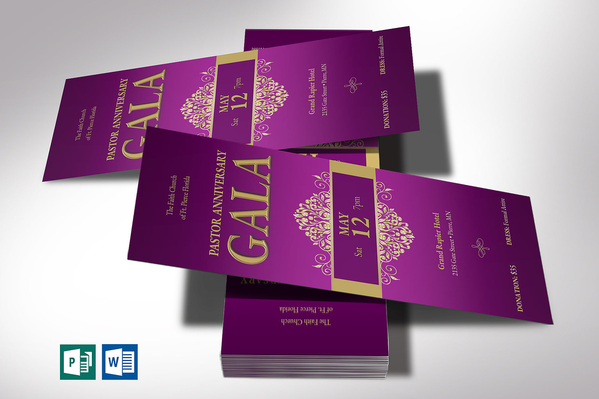 Pastor Anniversary Gala Ticket Word, a Card Template by Four C Graphic, image size:1200x800