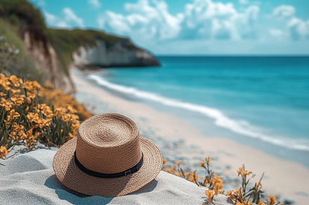 Relaxing on a sunny beach with a straw hat and vibrant flowers along the shore, an Abstract Photo by AlyaAnd
