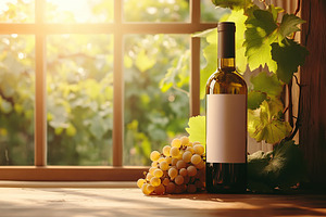 Empty wine bottle beside fresh grapes in a sunlit vineyard setti, a Food & Drink Photo by AlyaAnd