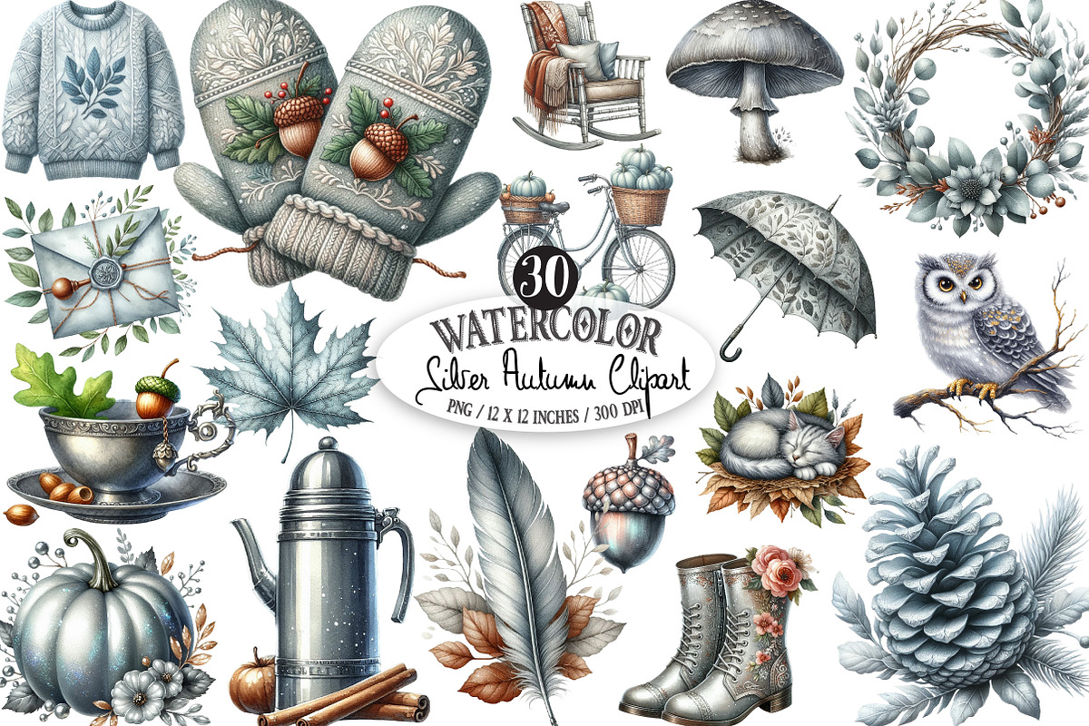 Watercolor Silver Autumn Clipart, an Illustration by Designking (Photo 1 of 4)