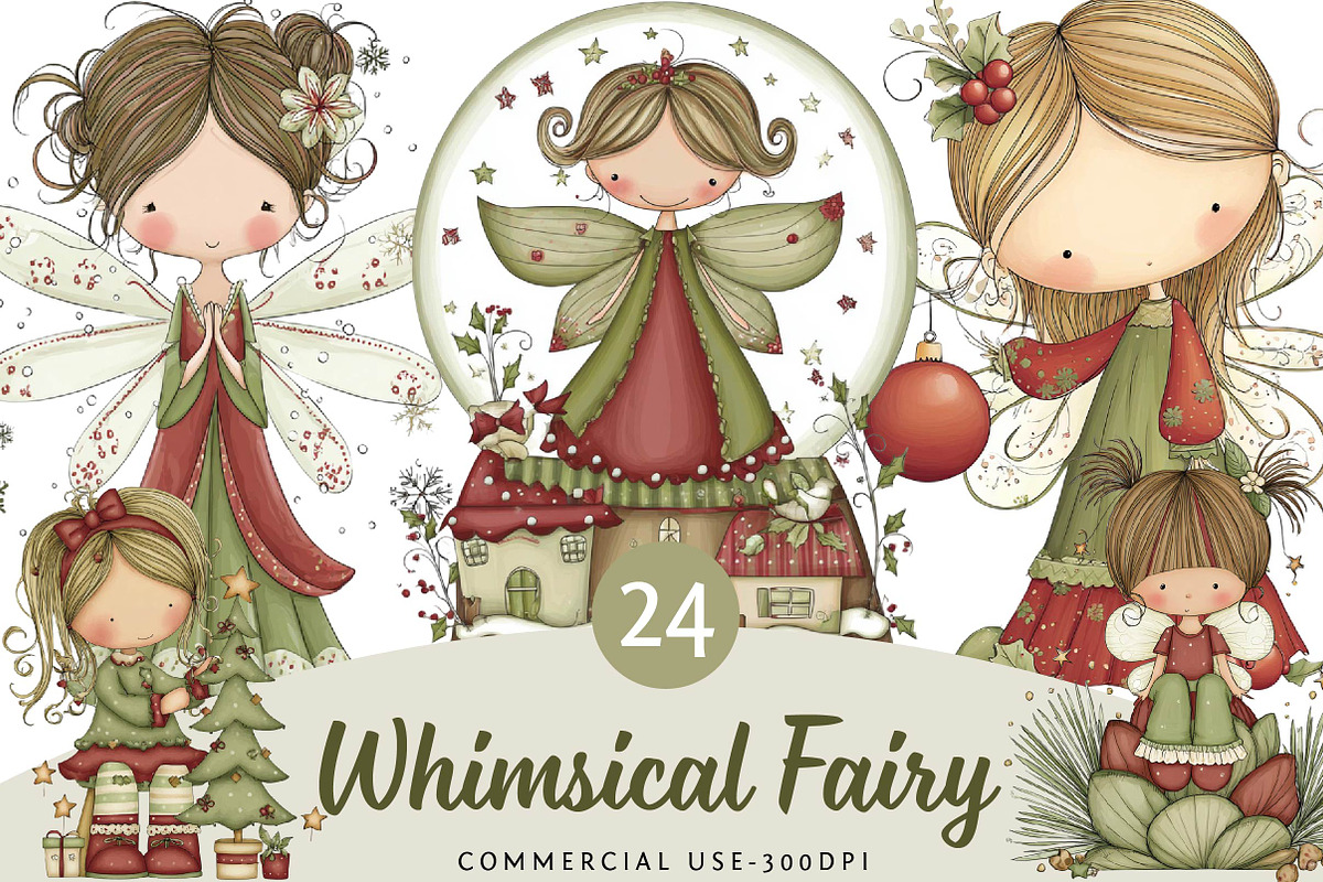 Whimsical Christmas Fairy Clipart, an Illustration by DreamPrint404 (Photo 1 of 6)