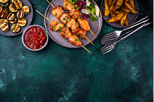 Chicken skewers kebab with, a Food & Drink Photo by Yulia Furman