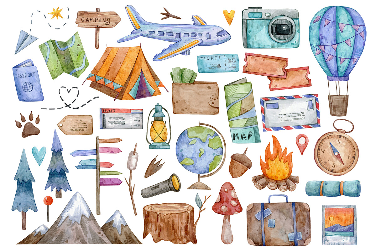 Watercolor Travel Clipart, a Work Illustration by Aquarellka (Photo 2 of 3)