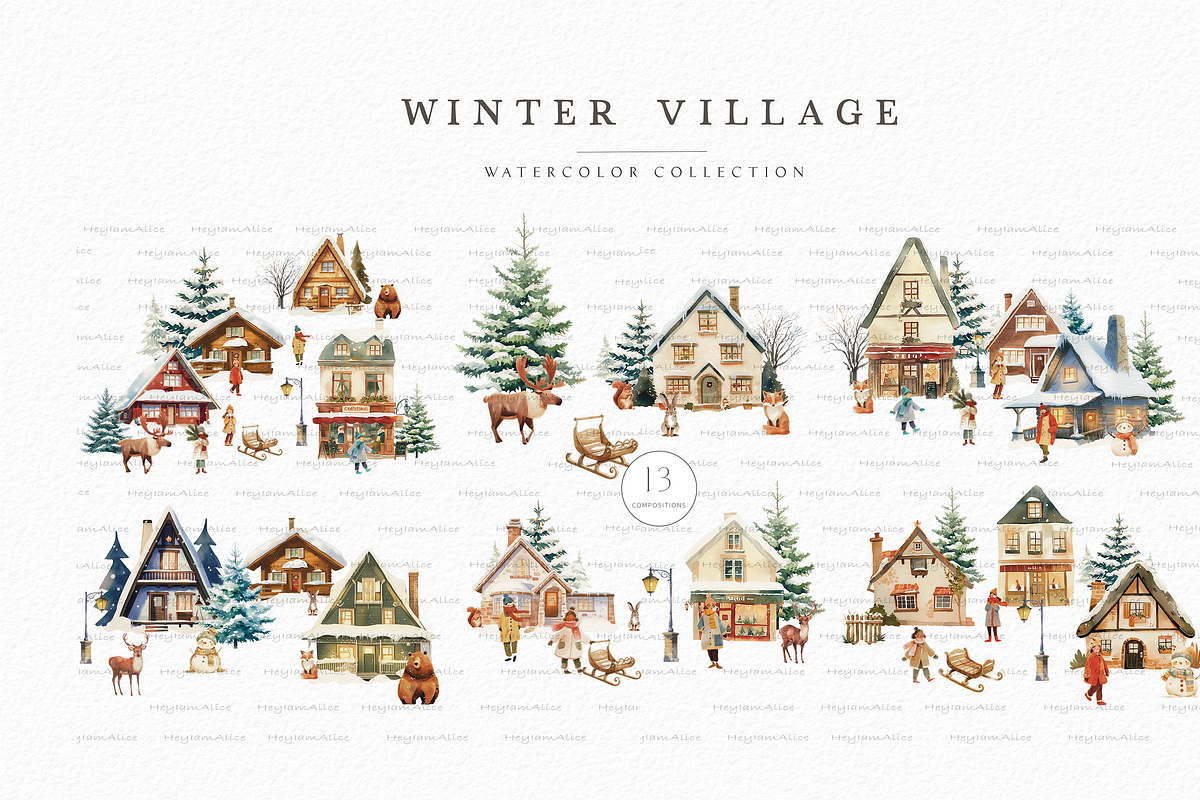 Winter Christmas Village, a Seasonal Illustration by heyiamalice (Photo 2 of 16)