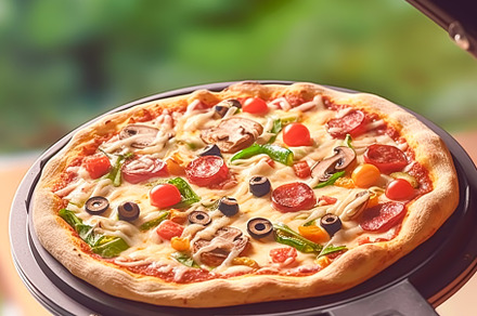 Pizza capricciosa homemade outdoors in the garden, online delive, a Photo by Anneleven