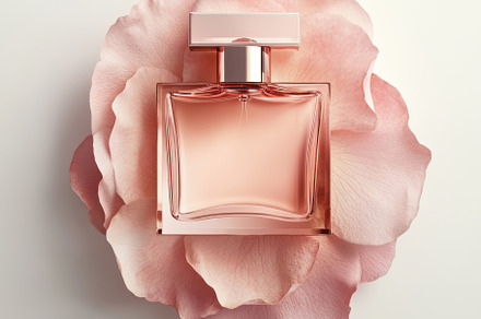 Elegant perfume bottle on rose petal