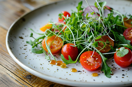 Fresh salad with microgreen, arugula and tomatoes in plate on wooden table, a Food & Drink Photo by AlyaAnd