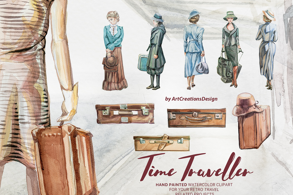 Watercolor Time Traveller Clipart, a Transportation Illustration by ArtCreationsDesign (Photo 2 of 12)