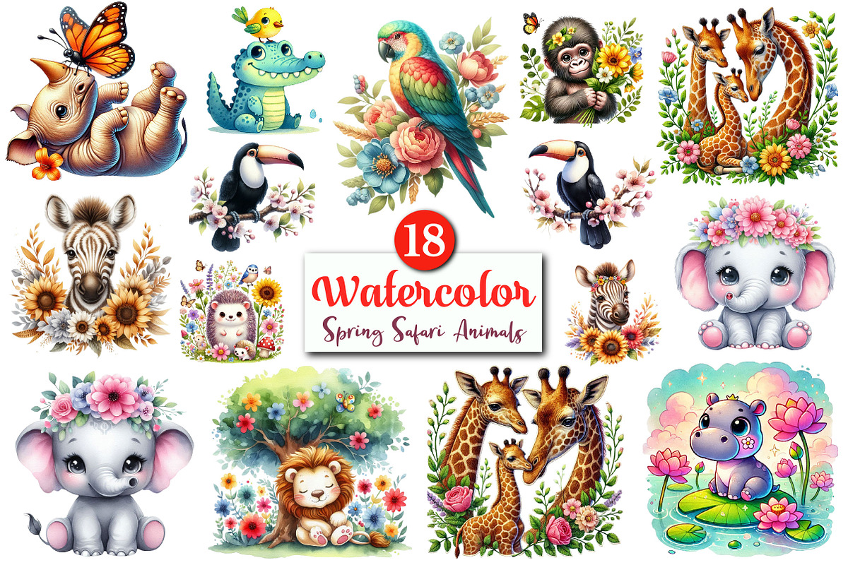 Watercolor Spring Safari Animals PNG, a Graphic by CitraGraphics