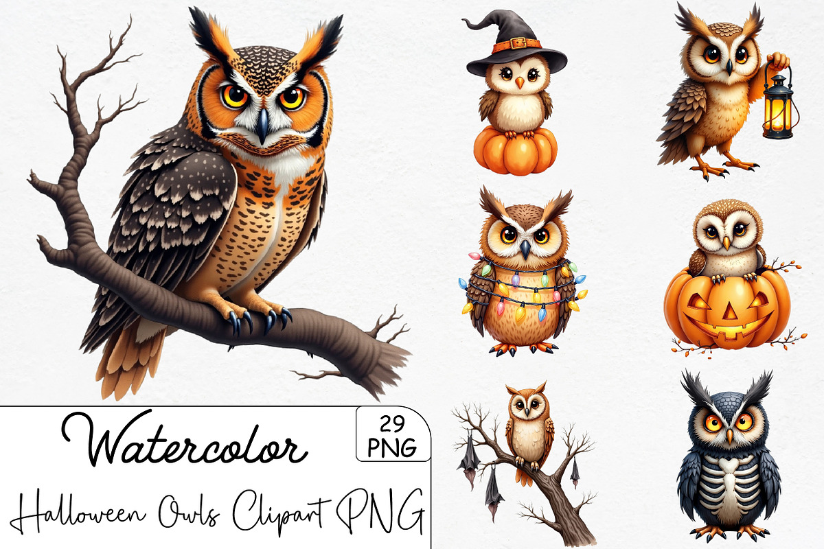 Halloween Owls Clipart PNG, an Illustration by CrexoraLab (Photo 1 of 5)