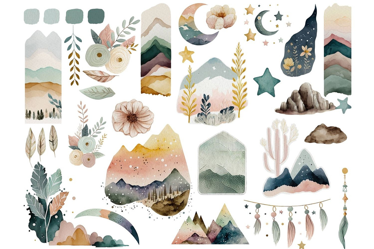 Boho Starry Night Mountain Clipart, a Graphic by JBArt Clipart