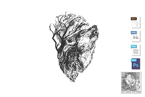 Wild wolf howling engraved portrait