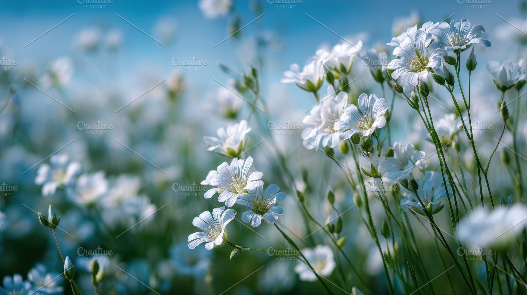 White flowers in a field under a blu, a Photo by Pixeness Studio